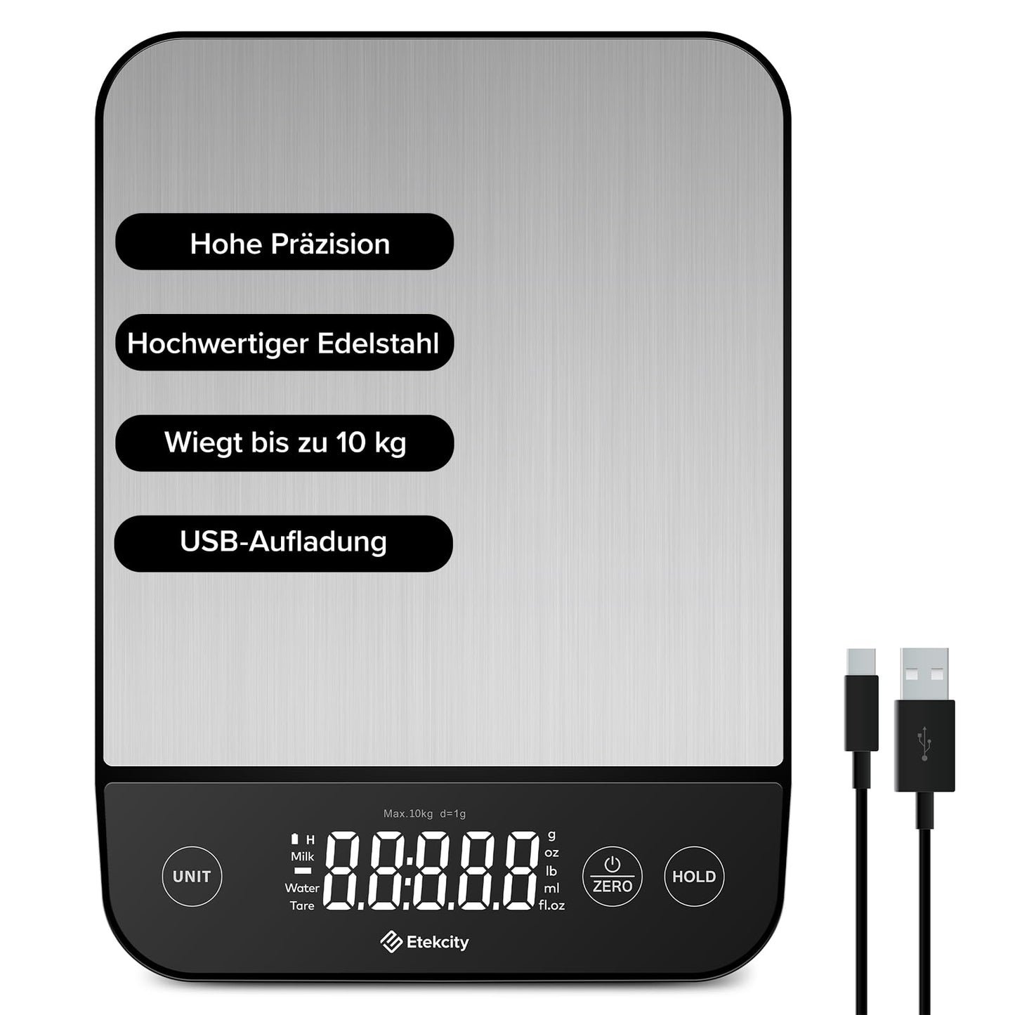ETEKCITY Küchenwaage Digital - Edelstahl 304 - Lebensmittelgeeignete Waage Küche - Leicht zu Reinigen - Feinwaage mit Beleuchtetem LCD-Klare und gut Lesbare Kithchen Scale - 5 KG-1g - Edelstahl-Silber
