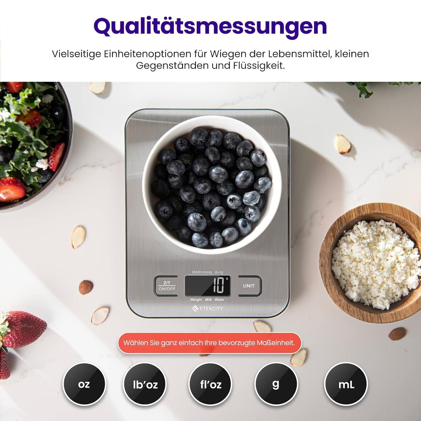 ETEKCITY Küchenwaage Digital - Edelstahl 304 - Lebensmittelgeeignete Waage Küche - Leicht zu Reinigen - Feinwaage mit Beleuchtetem LCD-Klare und gut Lesbare Kithchen Scale - 5 KG-1g - Edelstahl-Silber