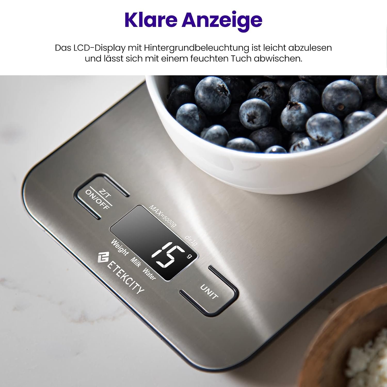 ETEKCITY Küchenwaage Digital - Edelstahl 304 - Lebensmittelgeeignete Waage Küche - Leicht zu Reinigen - Feinwaage mit Beleuchtetem LCD-Klare und gut Lesbare Kithchen Scale - 5 KG-1g - Edelstahl-Silber