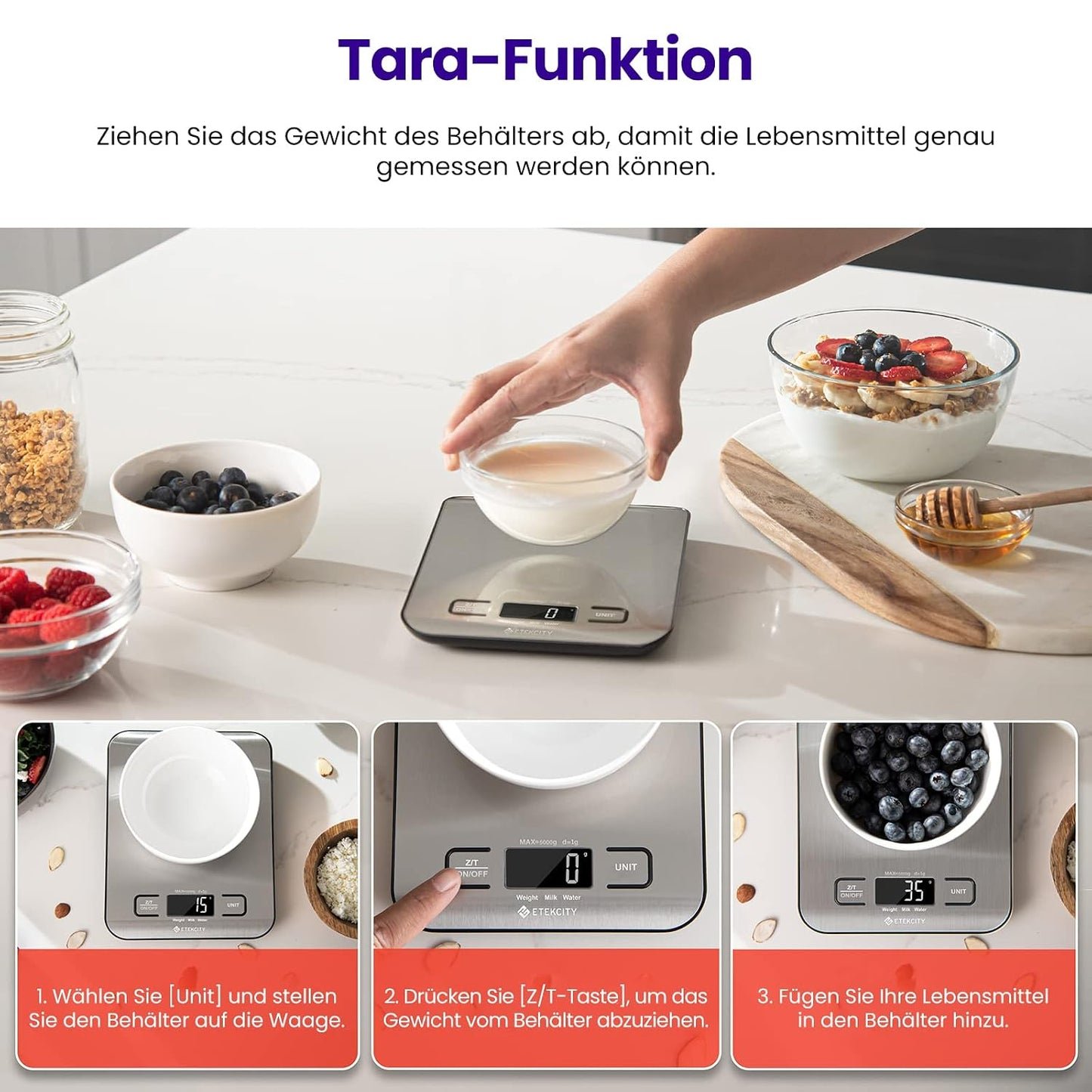 ETEKCITY Küchenwaage Digital - Edelstahl 304 - Lebensmittelgeeignete Waage Küche - Leicht zu Reinigen - Feinwaage mit Beleuchtetem LCD-Klare und gut Lesbare Kithchen Scale - 5 KG-1g - Edelstahl-Silber