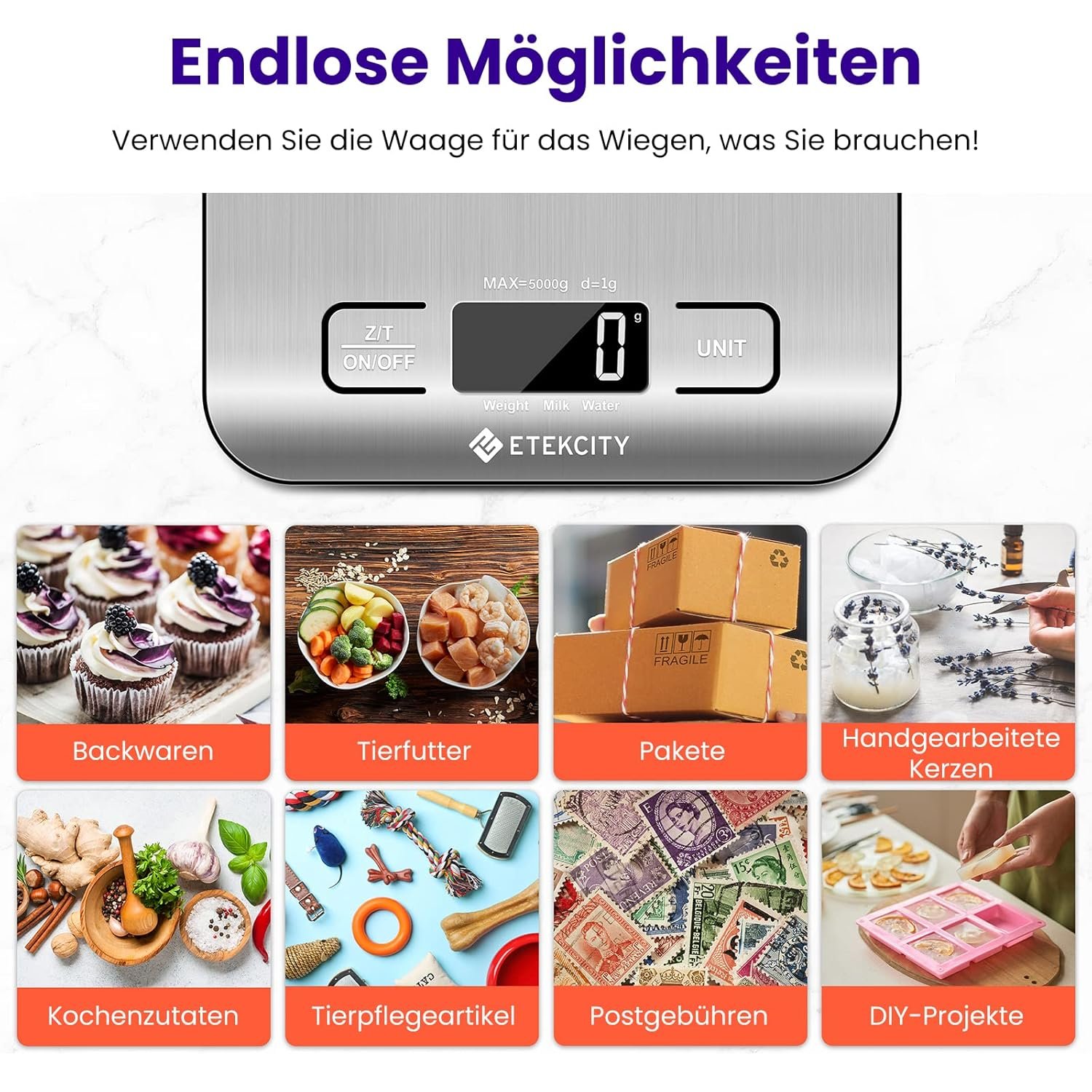 ETEKCITY Küchenwaage Digital - Edelstahl 304 - Lebensmittelgeeignete Waage Küche - Leicht zu Reinigen - Feinwaage mit Beleuchtetem LCD-Klare und gut Lesbare Kithchen Scale - 5 KG-1g - Edelstahl-Silber