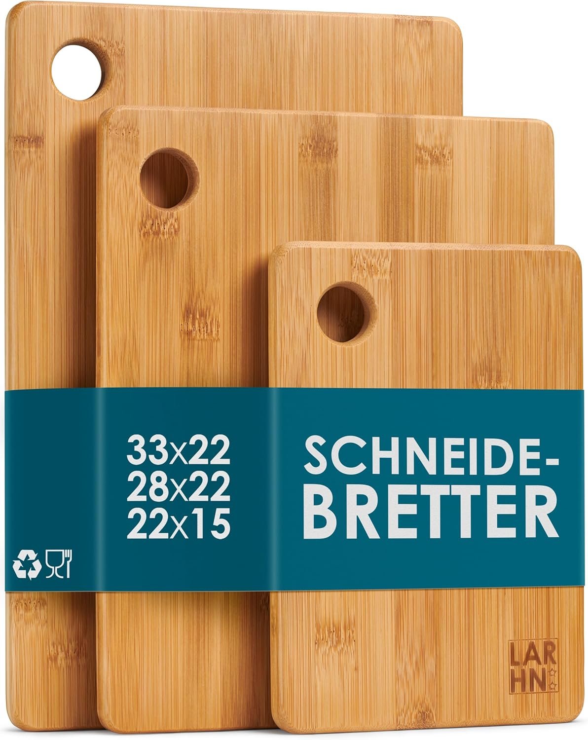 Schneidebrett Holz 3er Set aus Bambus, extra dick (1,5 cm), 33/28/22 cm, rutschfest, umwel